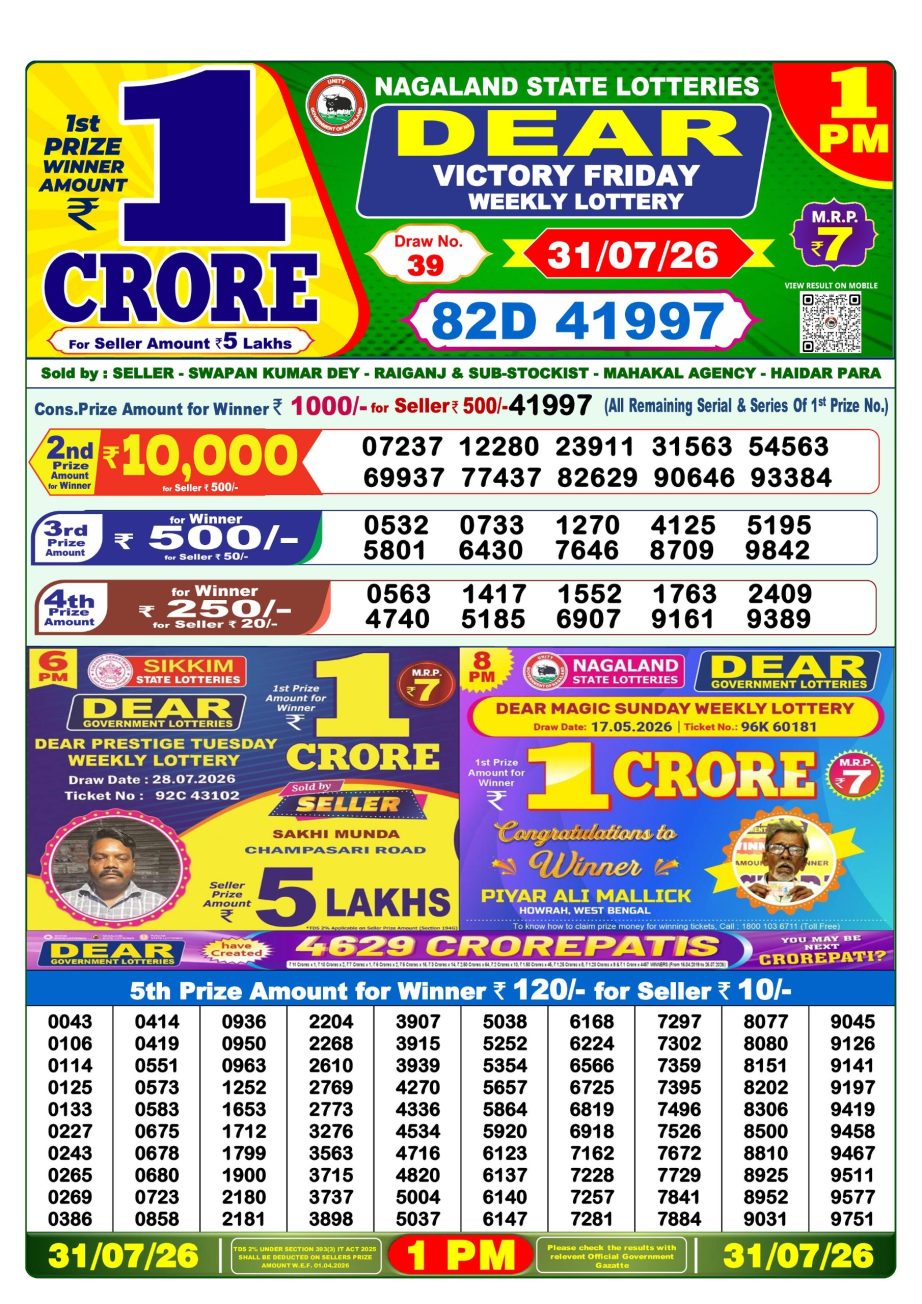 Dear Lottery Sambad Morning Result 31 07 26