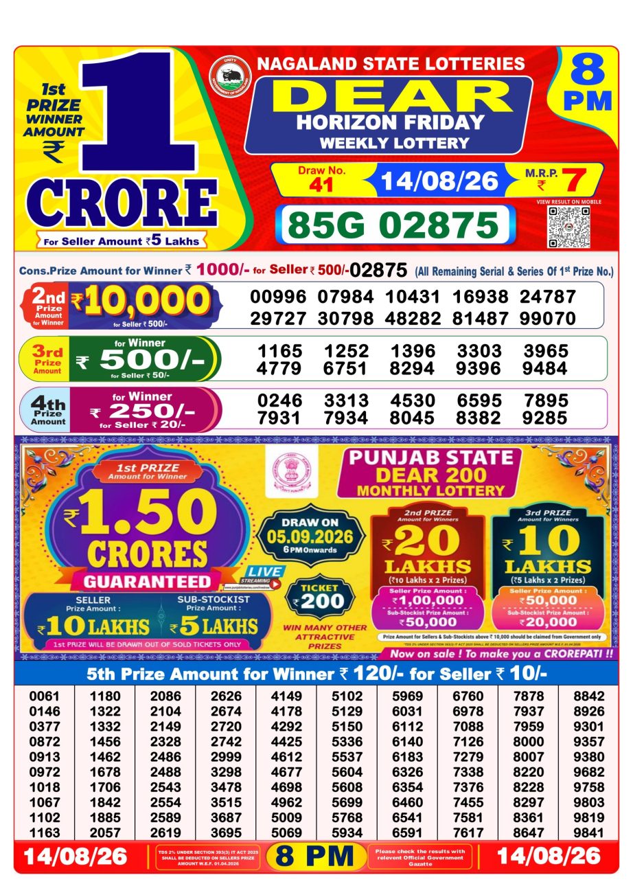 Dear Lottery Sambad 14 08 26 | 8 PM Result