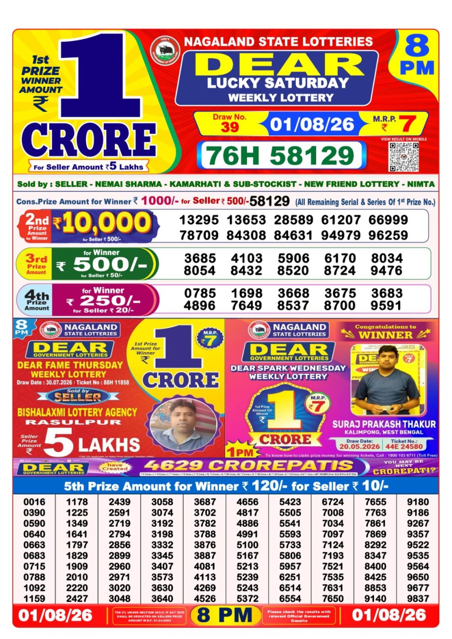 Dear Lottery Sambad 01 08 26 | 8 PM Result