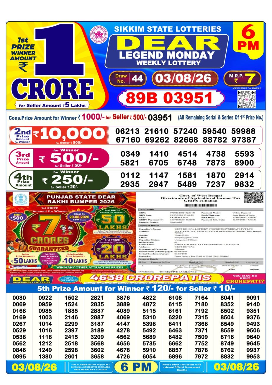 Lottery Sambad Result Today 03 08 26 | 6 PM