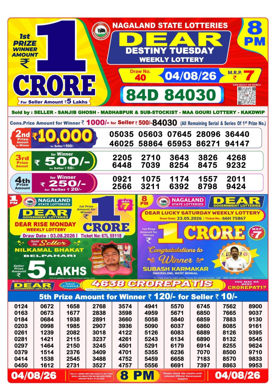 Dear Lottery Sambad 04 08 26 | 8 PM Result