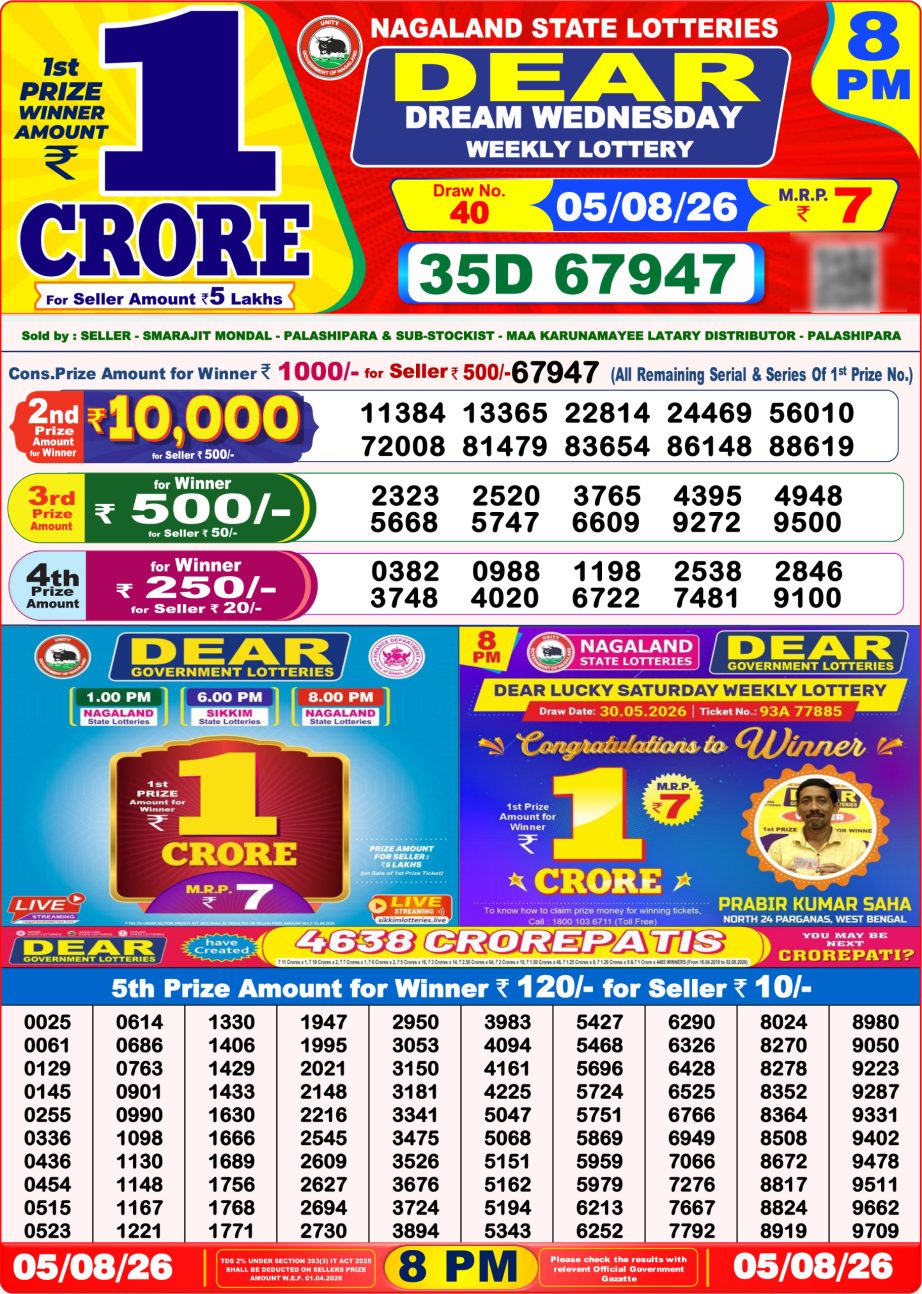Dear Lottery Sambad 05 08 26 | 8 PM Result