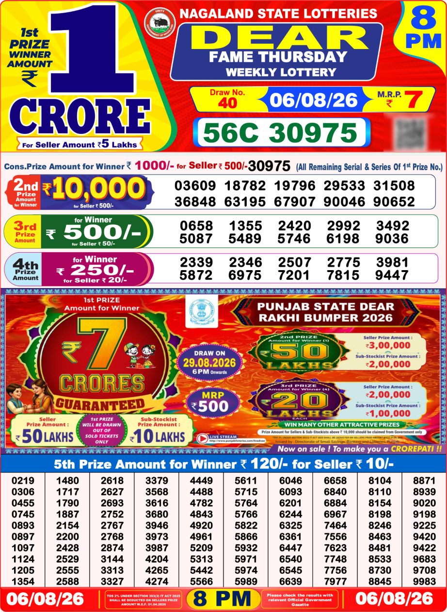 Dear Lottery Sambad 06 08 26 | 8 PM Result