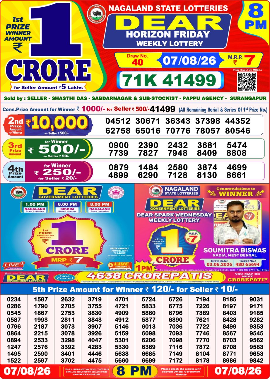 Dear Lottery Sambad 07 08 26 | 8 PM Result