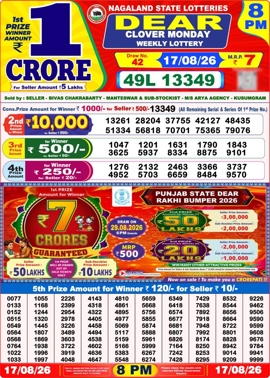 Dear Lottery Sambad 17 08 26 | 8 PM Result