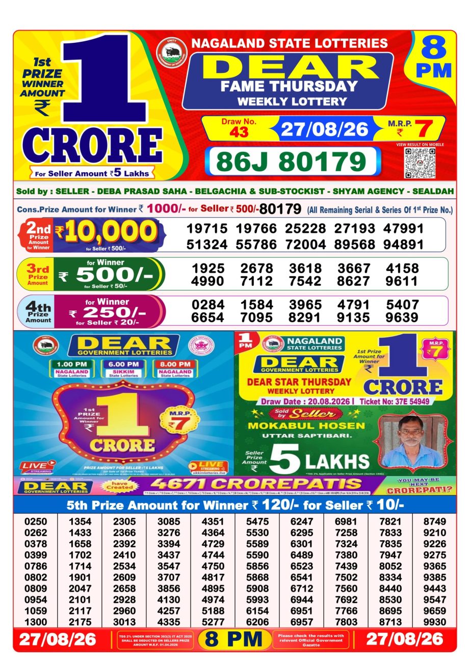 Dear Lottery Sambad 27 08 26 | 8 PM Result