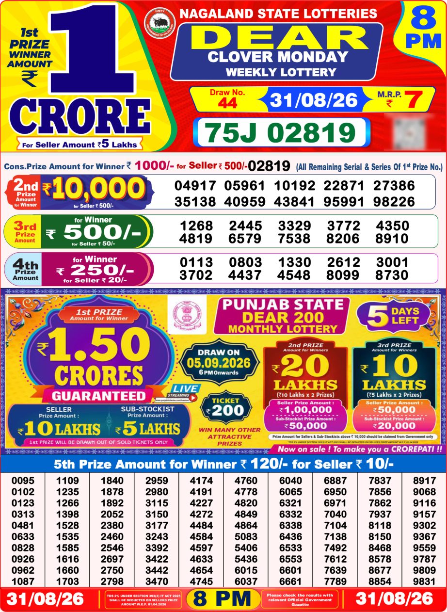Dear Lottery Sambad 31 08 26 | 8 PM Result