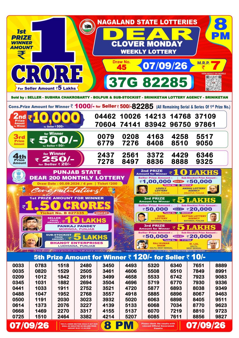 Dear Lottery Sambad 07 09 26 | 8 PM Result