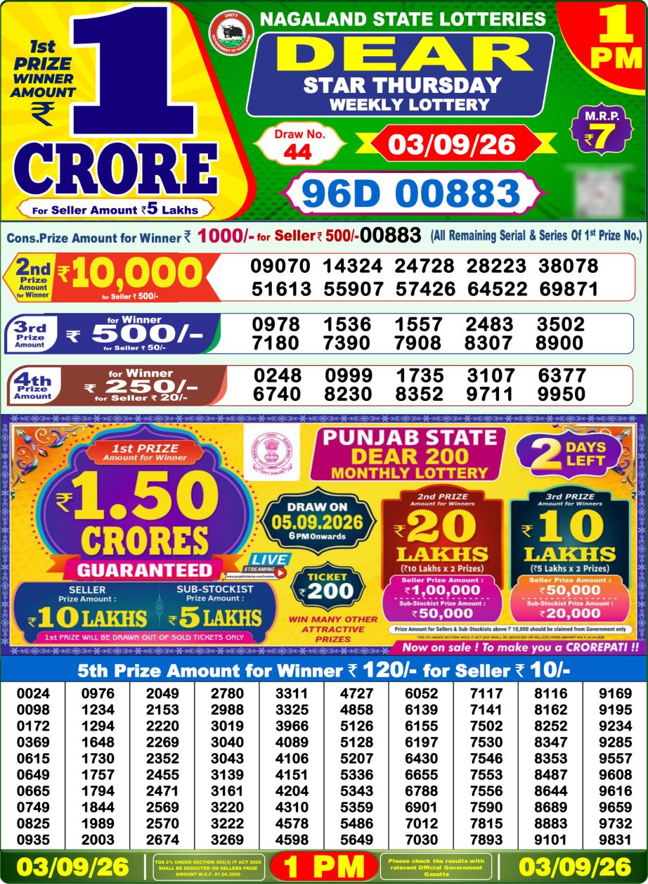 Dear Lottery Sambad Morning Result 03 09 26