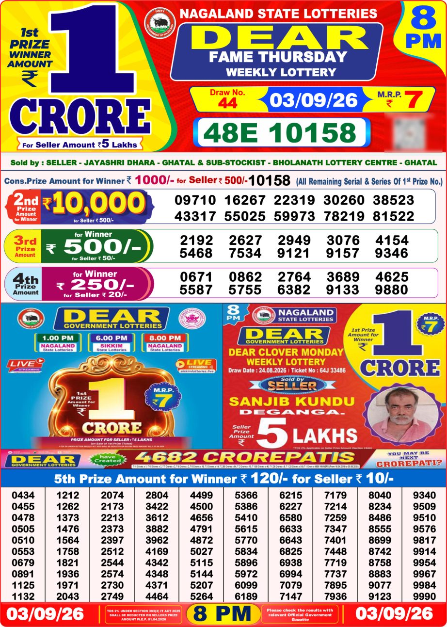 Dear Lottery Sambad 03 09 26 | 8 PM Result