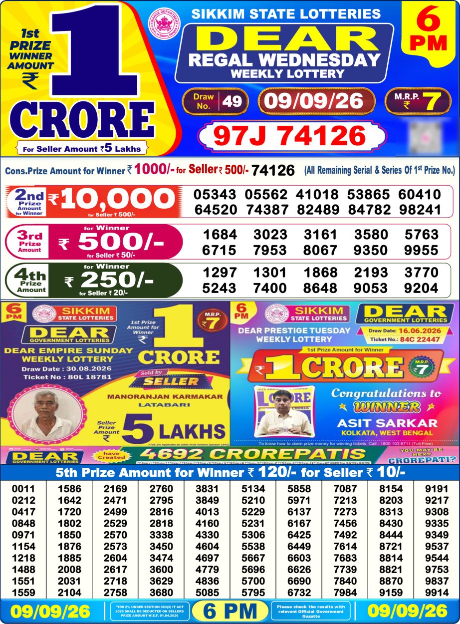 Lottery Sambad Result Today 09 09 26 | 6 PM