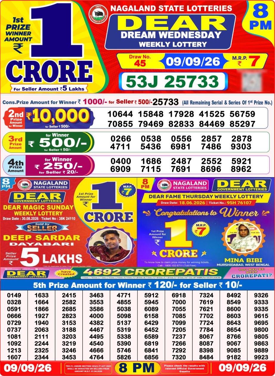 Dear Lottery Sambad 09 09 26 | 8 PM Result