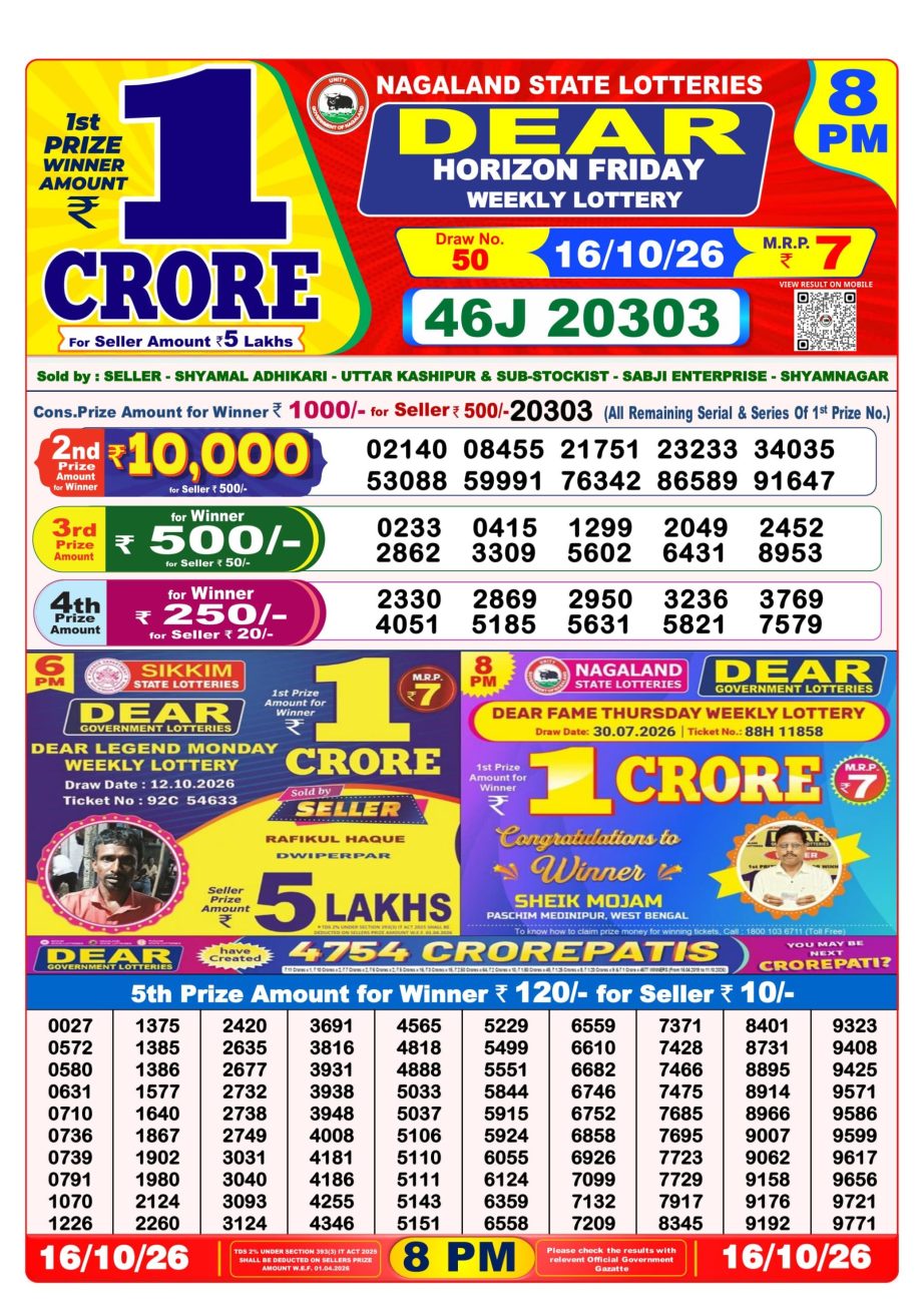 Dear Lottery Sambad 16 10 26 | 8 PM Result